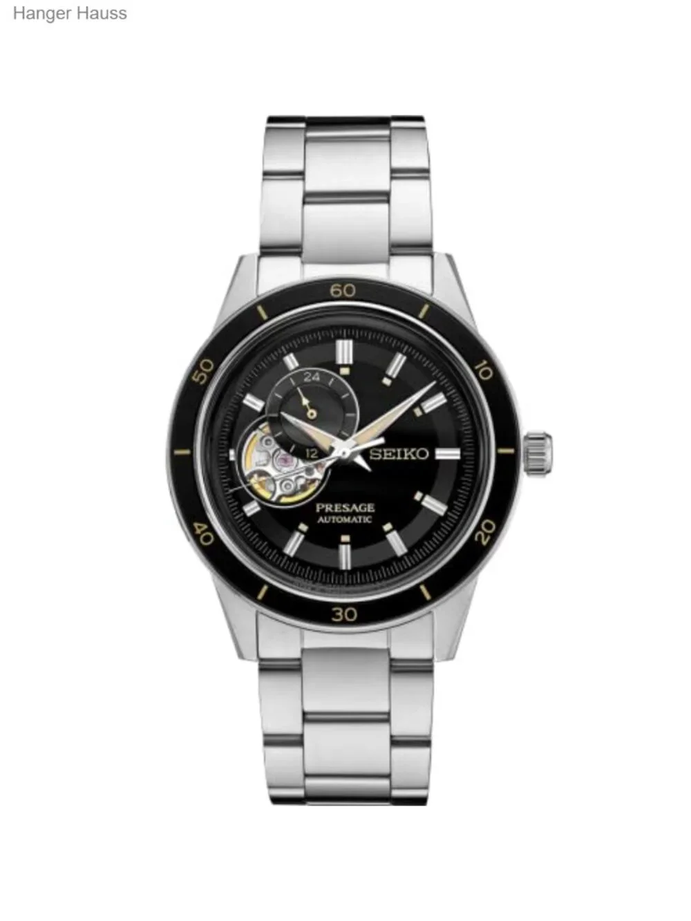 Men's Automatic Watch Stainless Steel Silver Band Black Dial Open-Aperture 50M